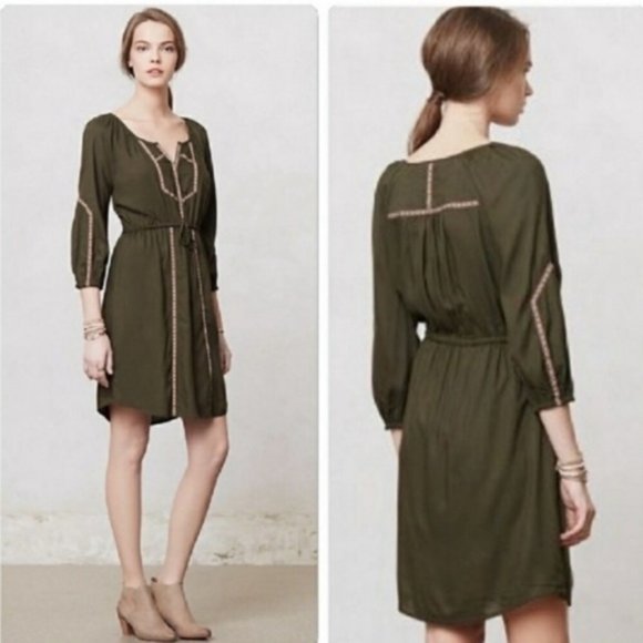 ANTHROPOLOGIE Embroidered Peasant Ribbon Dress Y16